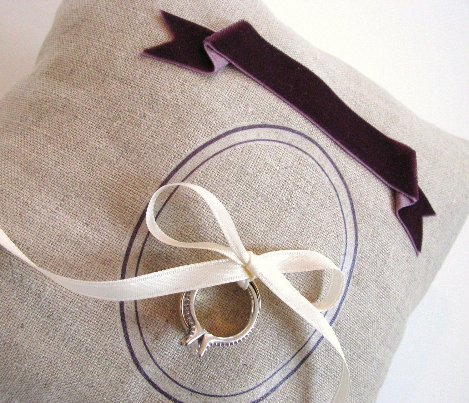 Linen Gray and Purple Wedding Ring Pillow