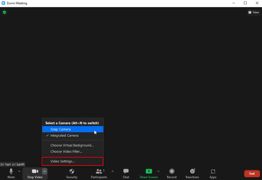 เลือกตัวเลือกการตั้งค่าวิดีโอ  วิธีใช้ Snap Camera บน Zoom