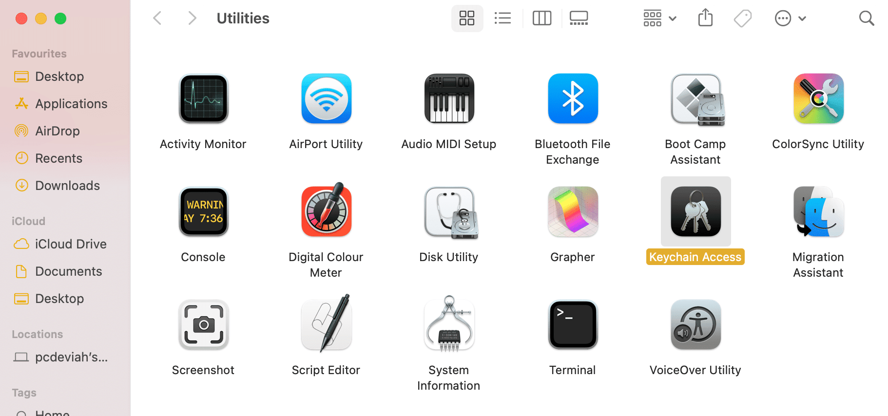 Нажмите «Доступ к связке ключей».  Как использовать папку «Утилиты» Mac