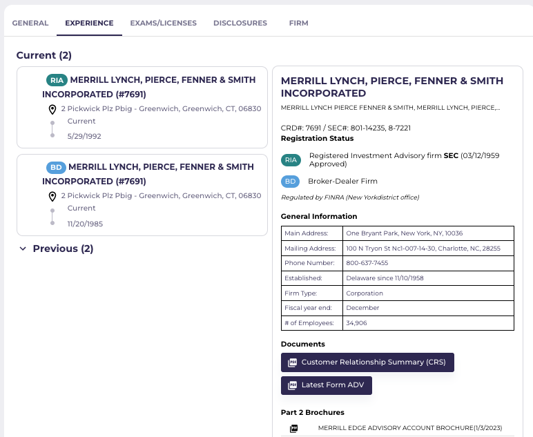 The experience tab for even more details on their work history and info about both their current and their past firms. You’ll find their firm’s address, documents like their latest Form ADV and Customer Relationship Summary (CRS), number of accounts and amount of assets under management, the states in which they operate and much more.