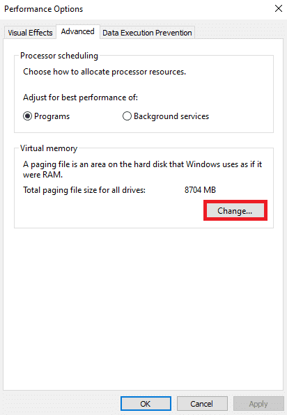 En la ventana emergente, cambie a la pestaña Avanzado y haga clic en Cambiar... Arreglar la búsqueda del menú de inicio de Windows 10 no funciona