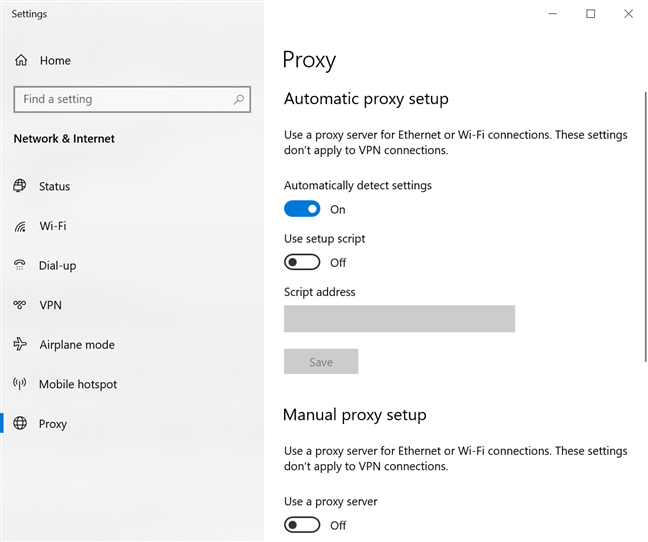 Configure los ajustes del servidor proxy de Windows 10