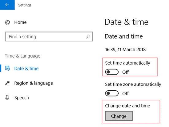 Turn off Set time automatically then click on Change under Change date and time
