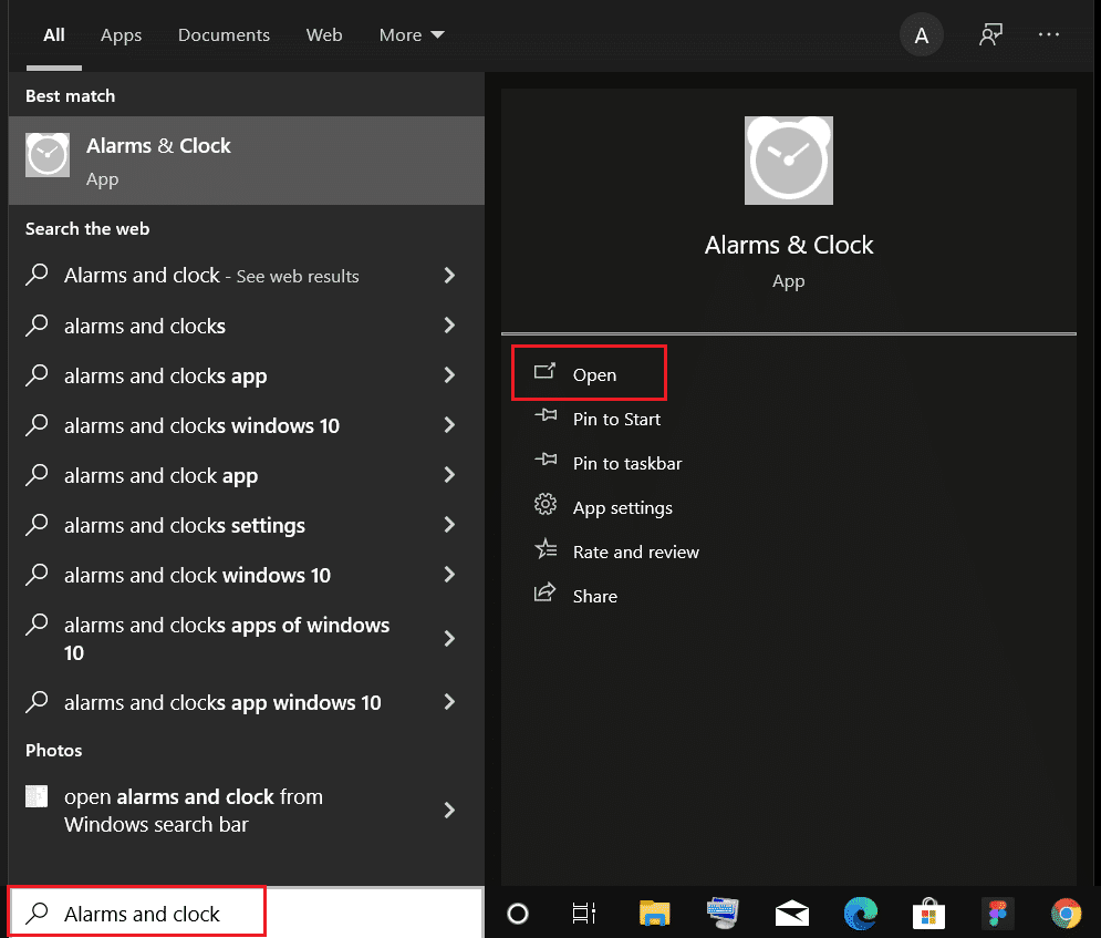 druk op de Windows-toets en typ alarmen en klok en klik op Openen.  Alarmen instellen in Windows 10 en wake-timers toestaan