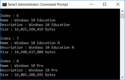 Windowsのバージョンに応じて、インデックスのリストが表示されます。インデックス番号を書き留めてください。