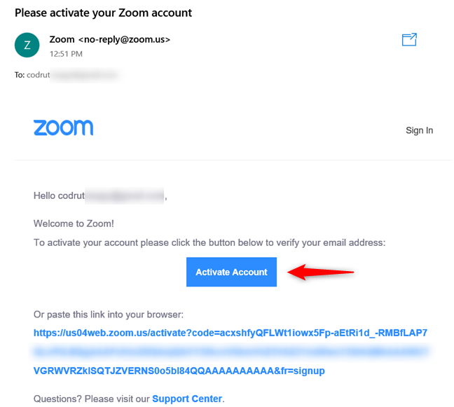 L'e-mail d'activation du compte Zoom