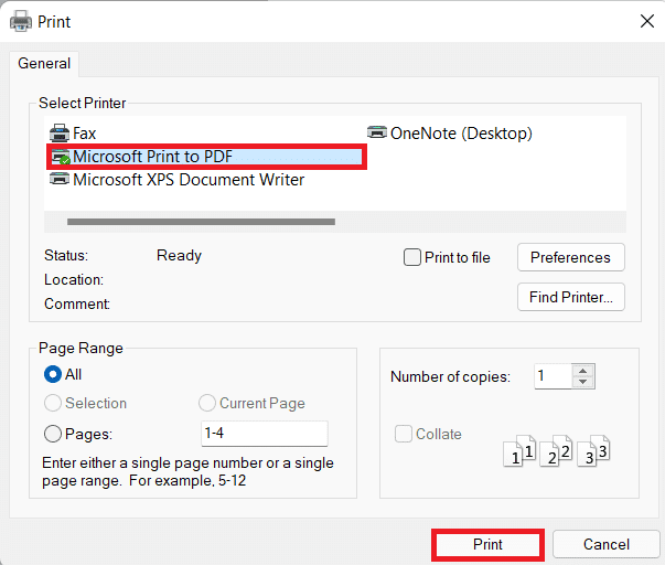 Okno drukowania w przeglądarce XPS