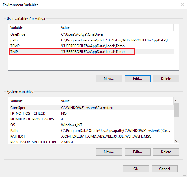 haga doble clic en TMP para editar su ruta en las variables de entorno