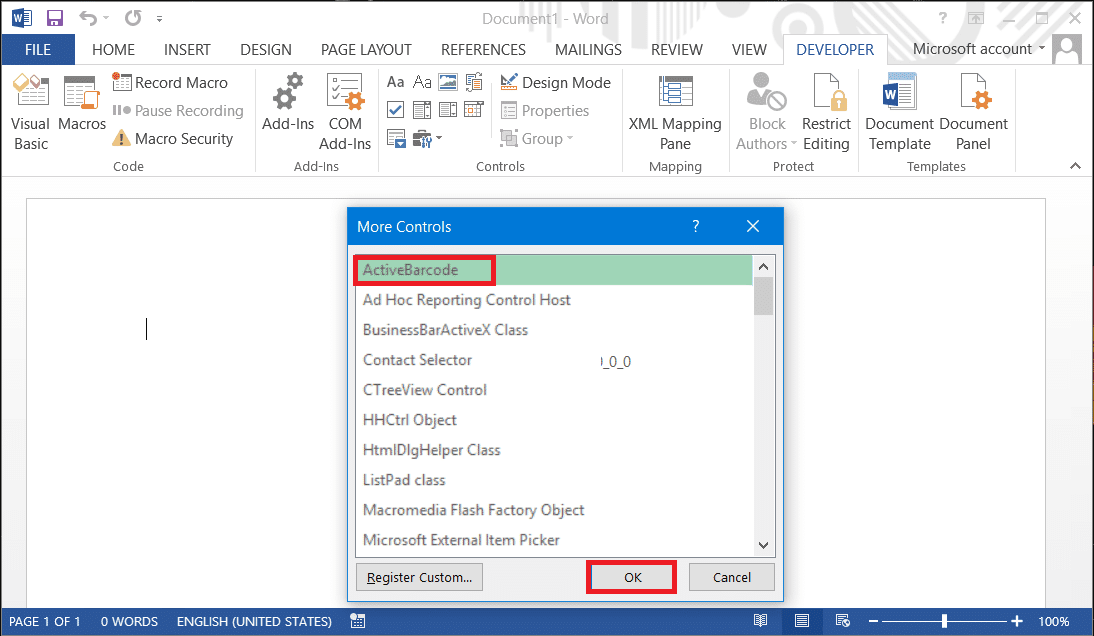 추가 컨트롤의 팝업 메뉴가 나타나면 ActiveBarcode를 선택합니다.