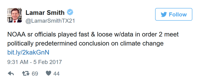 The House Committee on Science, Space and Technology's chairman, Representative Lamar Smith (R-TX), falsely claiming on Twitter that NOAA scientists manipulated climate data, 5 February 2017. Graphic: Twitter