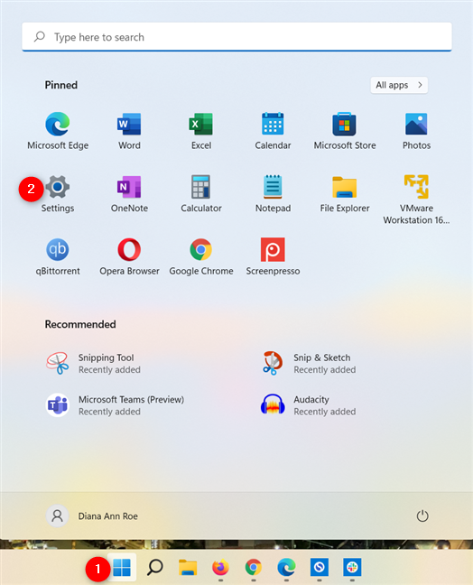 Druk op de snelkoppeling naar Instellingen in Windows 11 vanuit het Startmenu