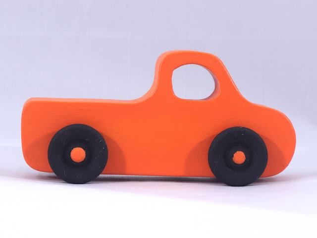 Handmade Wood Toy Pickup Truck Pumpkin Orange With Flat Black Wheels