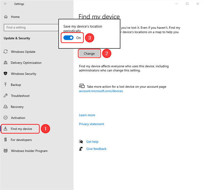 Windows 10에서 내 장치 찾기 활성화