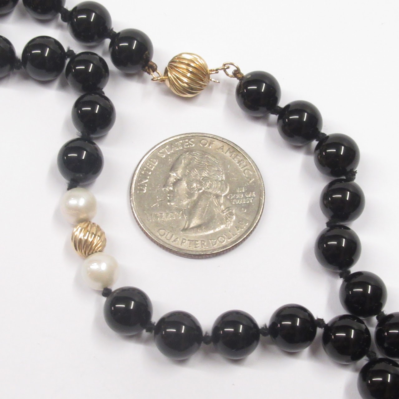 Onyx, Pearl, & 14K Gold Bead Necklace