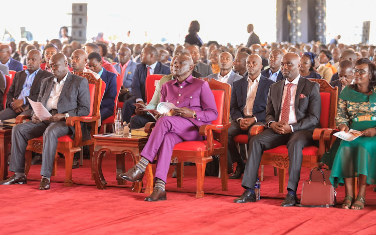 DP Rigathi Gachagua, President William Ruto and Elgeyo Marakwet Governor Wisley Rotich during a church service in Iten, on January 14, 2024