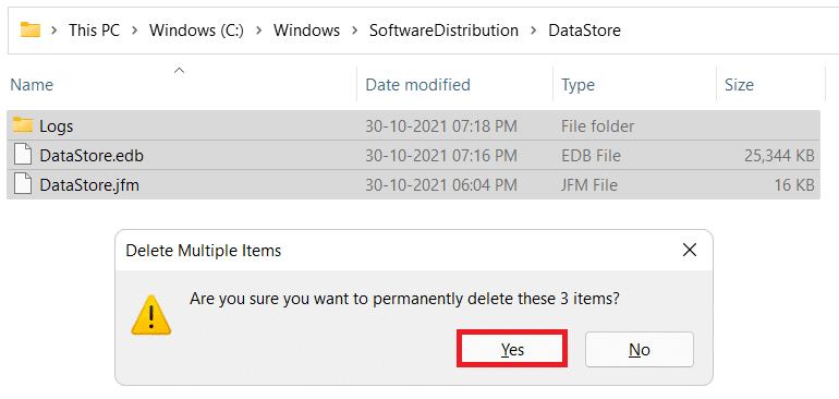 Eliminazione di tutti i file e le cartelle nella cartella DataStore.  Come correggere l'errore di installazione degli aggiornamenti non riuscito 0x800f0988 in Windows 11