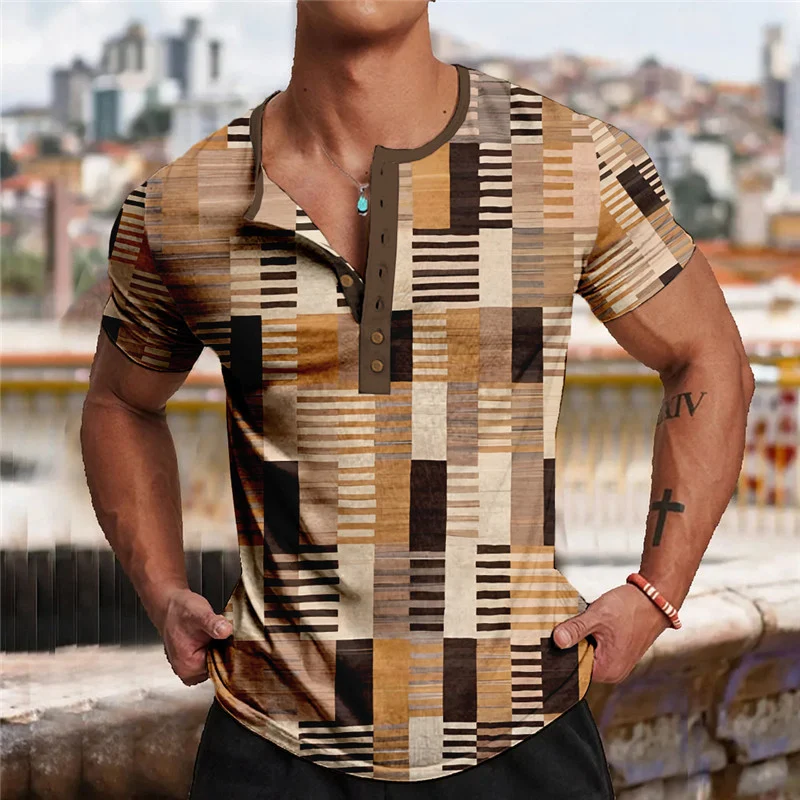 T-shirt col en V à manches courtes, imprimé numérique 3D de symboles musicaux, patte de boutonnage, style streetwear, pour un look branché.
