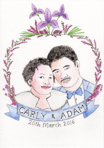 Hand drawn portrait of Carly and Adam, with wedding date of 20 March 2016