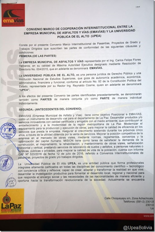 UPEA firma convenio con Emavías para que universitarios realicen Pasantías, Proyecto de grado y Trabajo dirigido