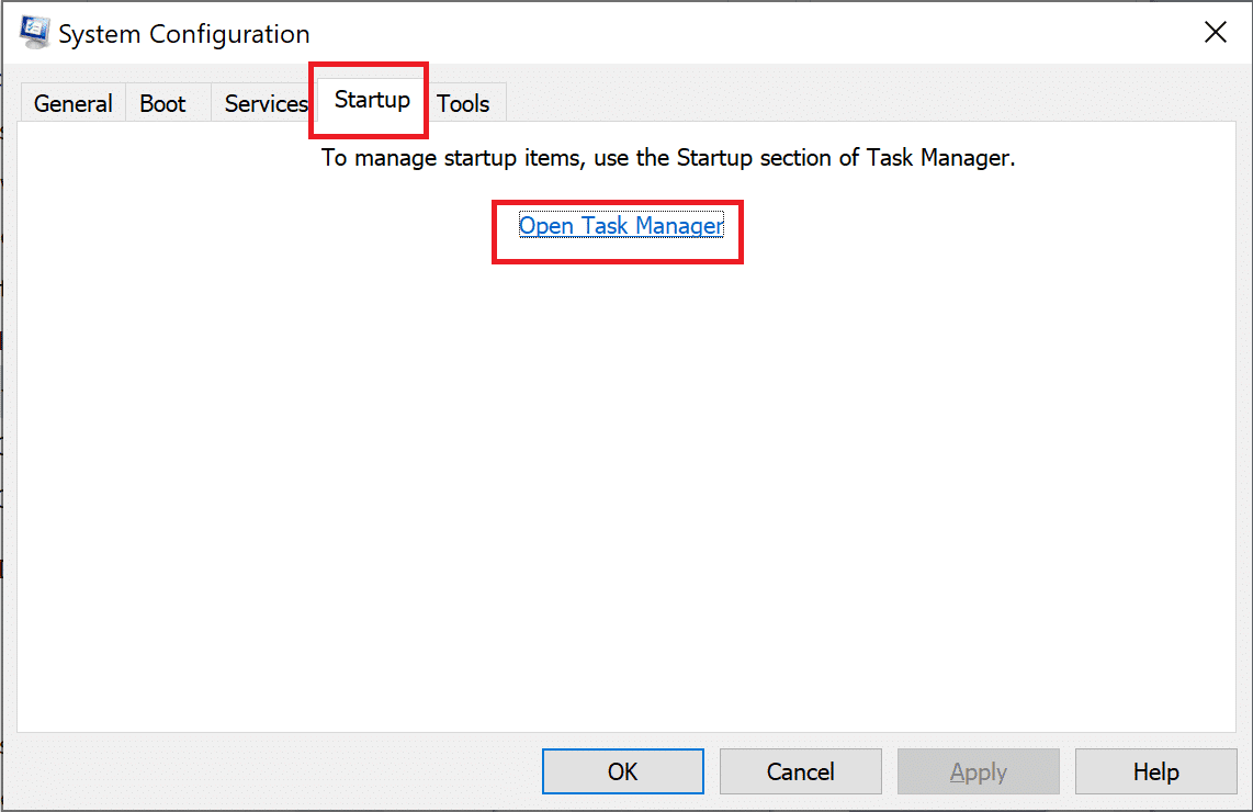 [スタートアップ]タブを選択します。 [タスクマネージャーを開く]をクリックします