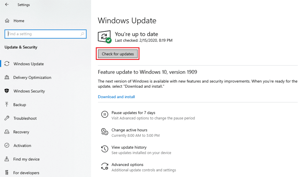 klik op Controleren op updates.  Fix HP Laptop maakt geen verbinding met wifi op Windows 10