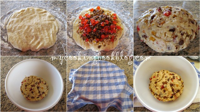 смесване на тестото с кандираните плодове и втасване Щолен (Stollen)