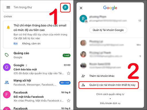 Quản lý tài khoản Google trên ứng dụng Gmail