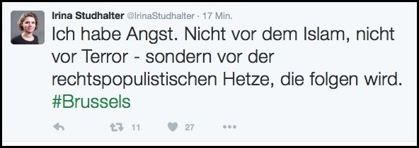 Grüne Irina Studhalter zu Brüsselanschlag Grüne Irina Studhalter zu Brüsselanschlag