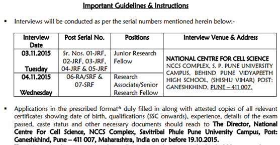 NCCS Project Walk Ins 2015 for SC/ST/OBC CANDIDATES