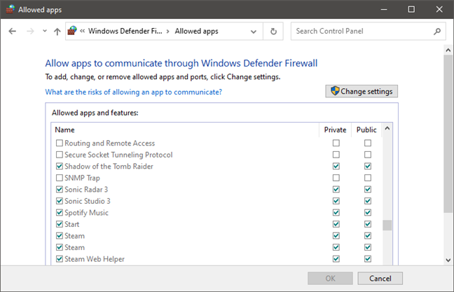 อนุญาตให้แอปสื่อสารผ่านไฟร์วอลล์ Windows Defender