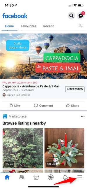 Premi il pulsante del menu nell'angolo in basso a destra della tua app Facebook per iOS