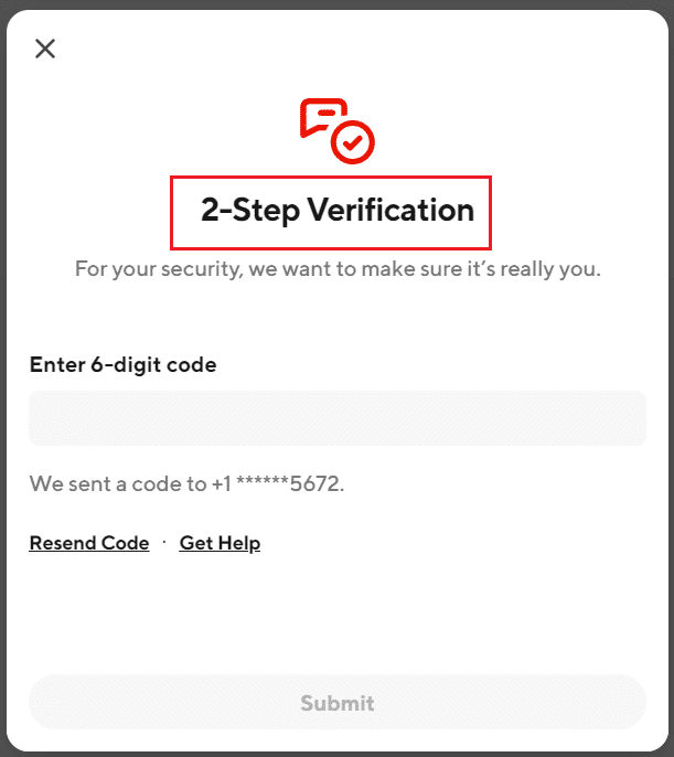 2-stapsverificatie op de DoorDash-website