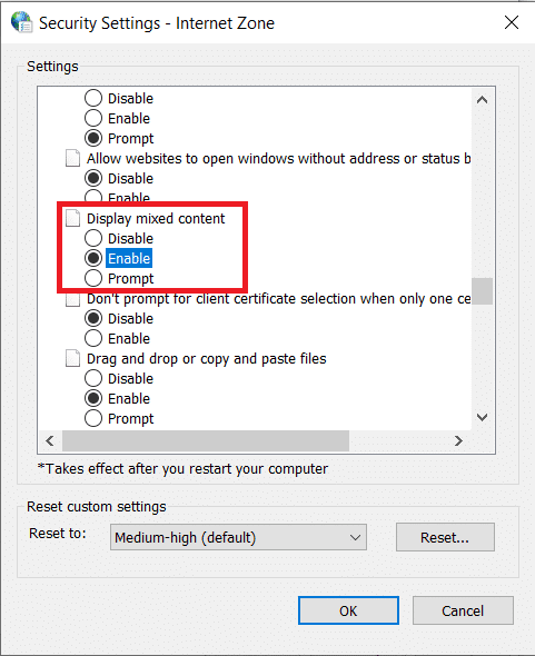 Desplácese hasta encontrar la opción Mostrar contenido mixto y actívela |  Arreglar No se puede conectar de forma segura a este error de página en Microsoft Edge