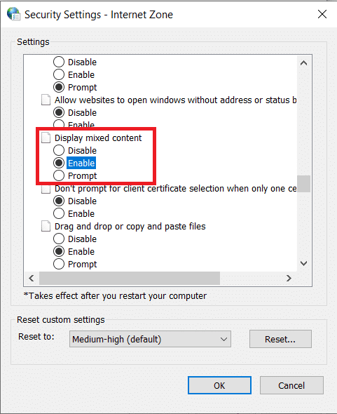 Faites défiler pour trouver l'option Afficher le contenu mixte et activez-la |  Correction Impossible de se connecter en toute sécurité à cette erreur de page dans Microsoft Edge