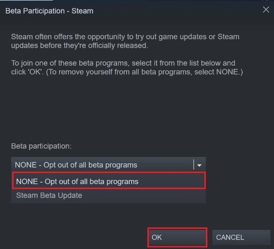 Fare clic sull'elenco a discesa e selezionare Nessuno: disattivare tutti i programmi beta |  Risolto il problema con Steam Workshop che non scaricava le mod