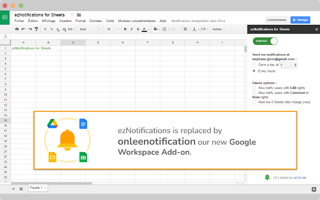 Screenshot of ezNotifications for Sheets