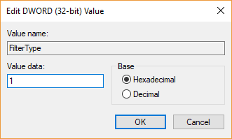 FilterType DOWRD 값을 다음 값으로 변경하십시오. |  Windows 10에서 색상 필터 활성화 또는 비활성화