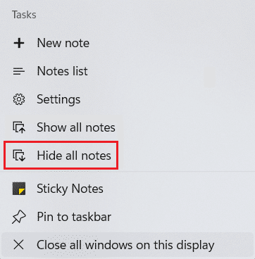 nascondi tutte le note nel menu contestuale delle note adesive