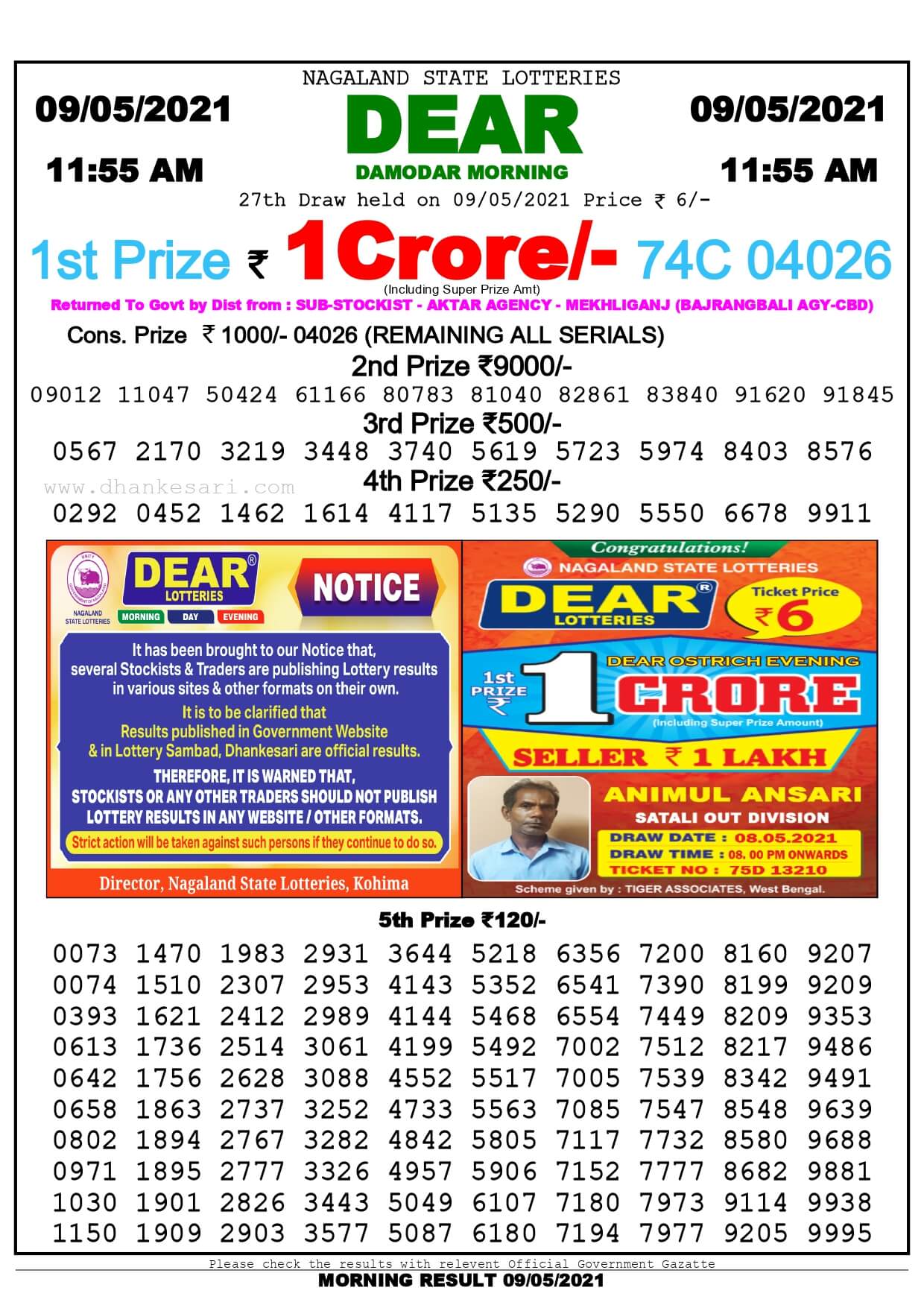 Dhankesari Lottery Sambad Result Today 11:55 AM 9.5.2021