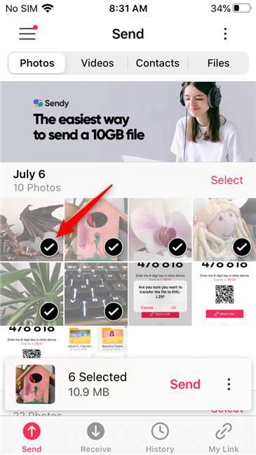 Seleccionar fotos en la aplicación Send Anywhere