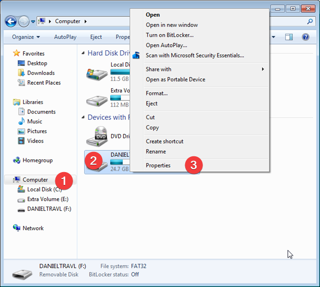 เปิดคุณสมบัติสำหรับดิสก์ใน Windows 7