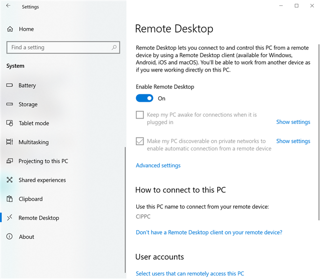 La configuración que se muestra para Escritorio remoto en Windows 10