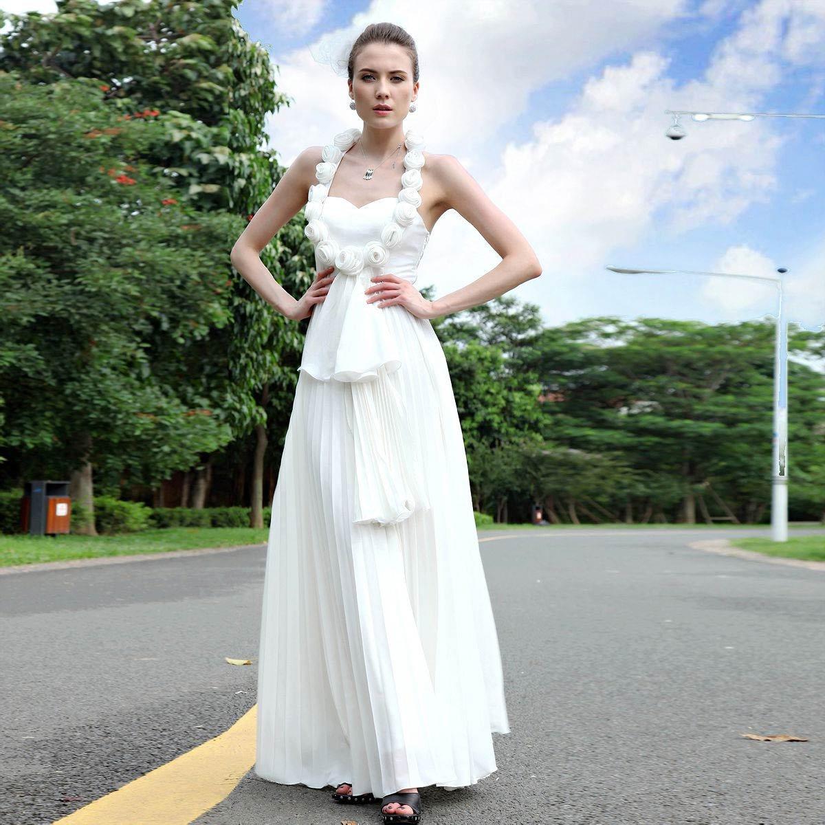 chiffon backless white flower necklace crystal bead lace wedding dress