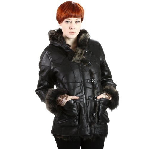 United Face Womens Black Lamb Fur Hooded Leather Coat, Black, Small