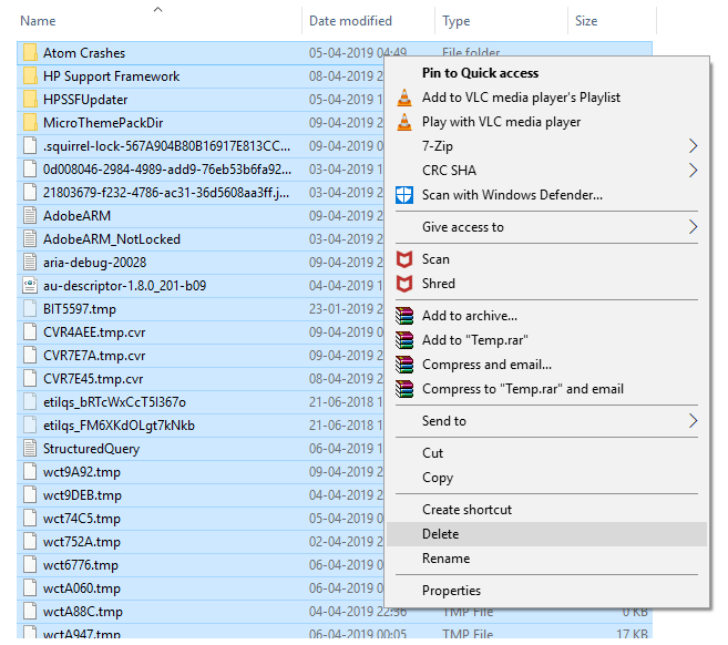 Elimina tutti i file selezionati facendo clic sul pulsante Elimina |  Elimina i file temporanei