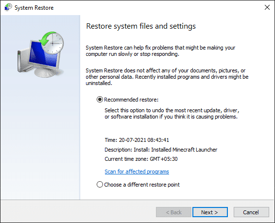 ตอนนี้ หน้าต่าง System Restore จะปรากฏขึ้นบนหน้าจอ  แก้ไข SoftThinks Agent Service การใช้งาน CPU สูงใน Windows 10 ที่นี่ คลิกที่ Next