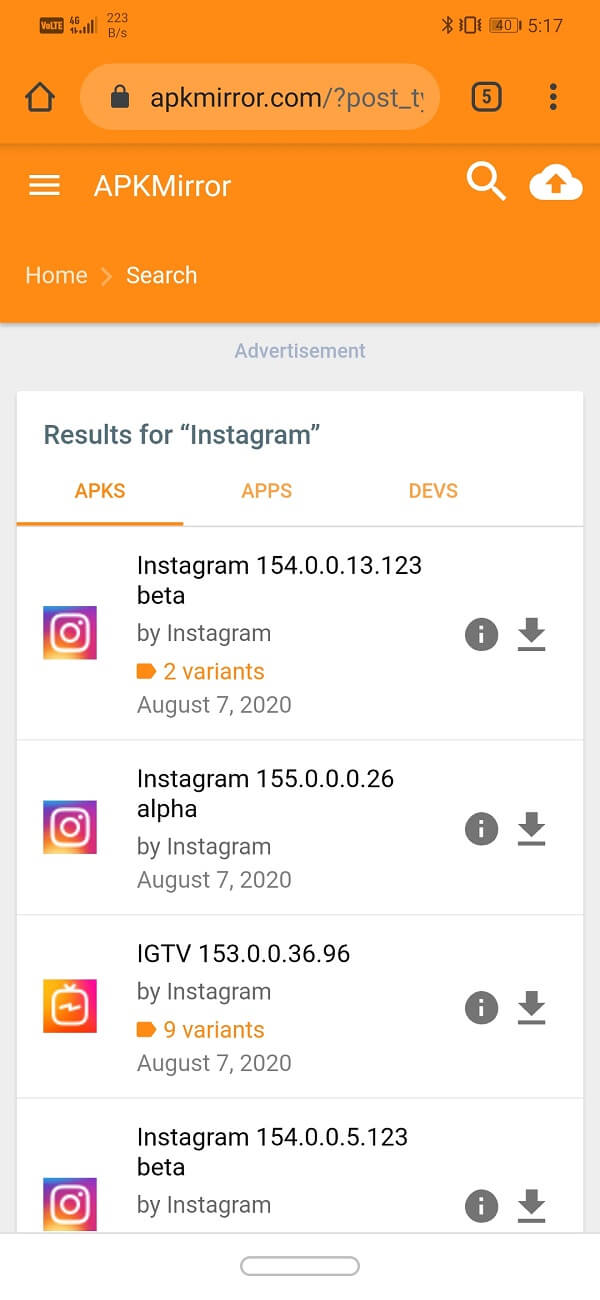 Dal sito Web di APKMirror e cerca Instagram |  Risolto il problema con Instagram che non funziona o si carica su Wi-Fi