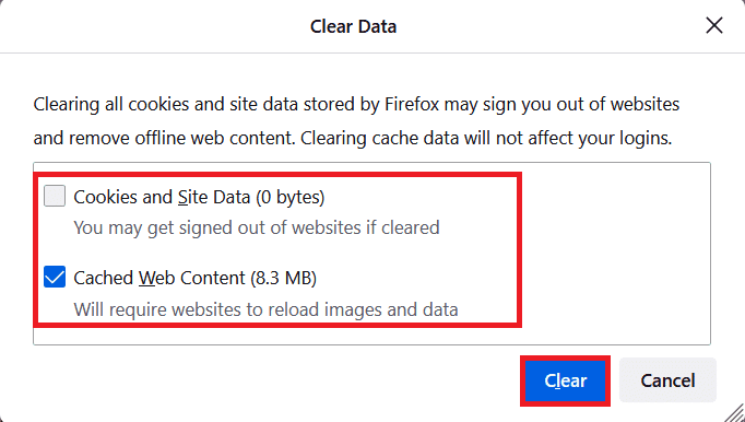 Desmarque la casilla Cookies y datos del sitio y asegúrese de marcar la casilla Contenido web en caché.  Haga clic en Borrar.