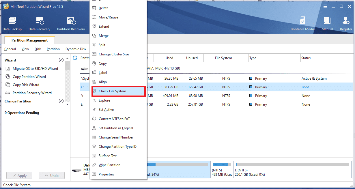 Maintenant, faites un clic droit sur n'importe quelle partition trouvée dans le volet du milieu et sélectionnez la fonction Vérifier le système de fichiers