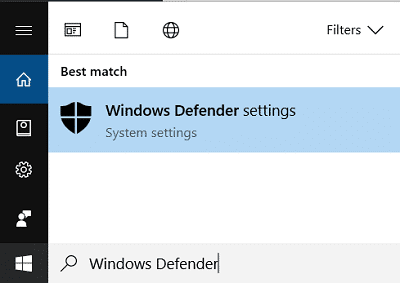 键入 Windows Defender 并单击搜索结果 |  修复 Windows Defender 更新失败并出现错误 0x80070643